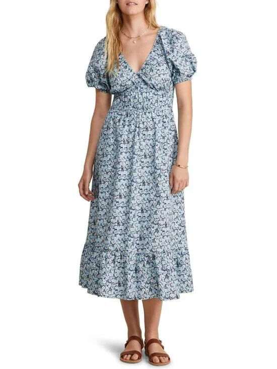 Vineyard Vines Blue Floral Dress L Cotton Puff Sleeves Midi w POCKETS - Picture 1 of 10